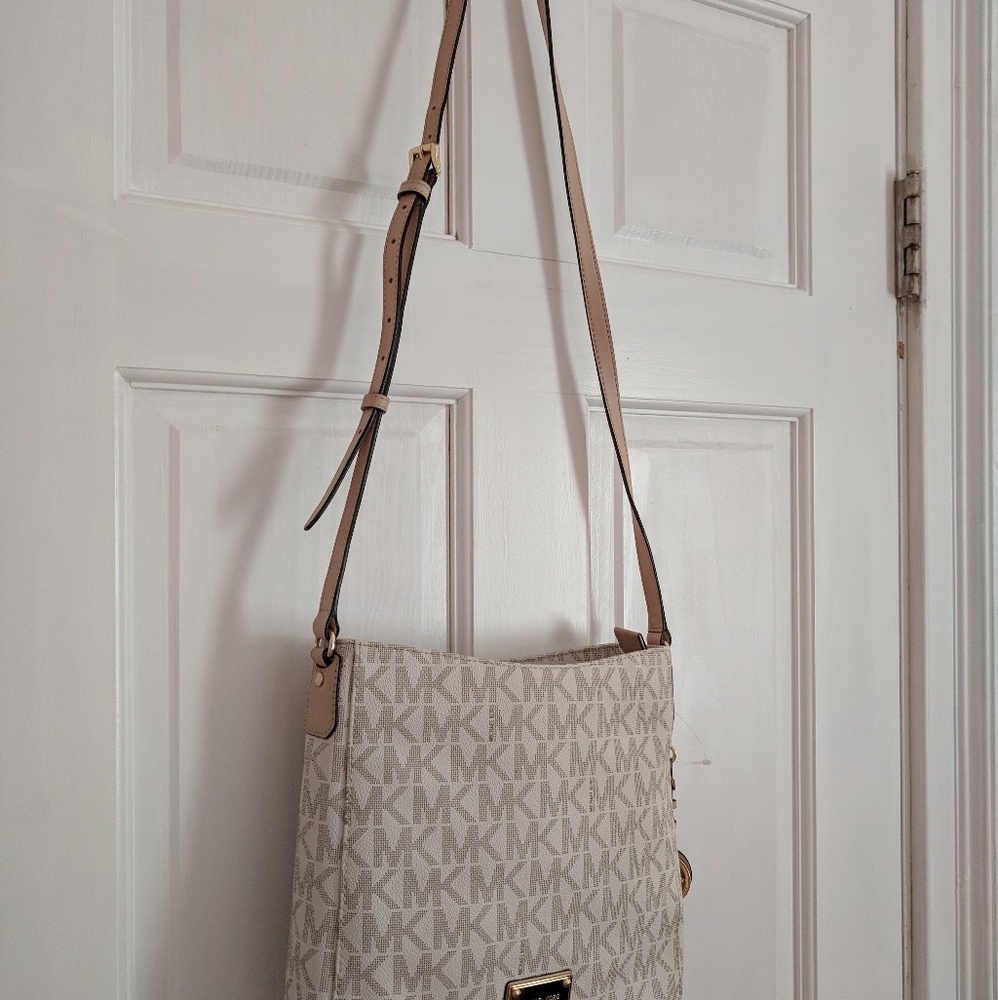Michael Kors Beige Logo Crossbody Bag with Tan Strap